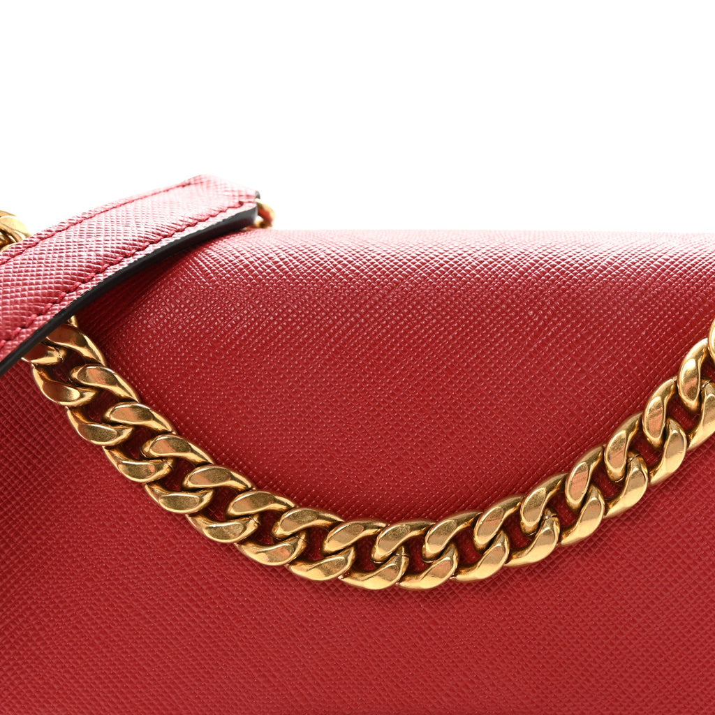 Prada Saffiano Soft Calfskin Metal Triangle Logo Envelope Chain Shoulder Bag Fuoco