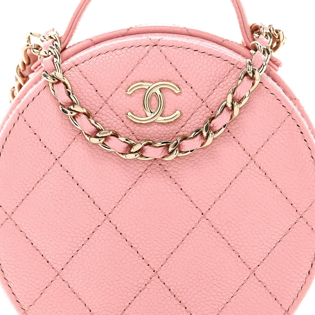 Chanel Caviar Quilted Round Handle With Care Vanity With Chain Pink