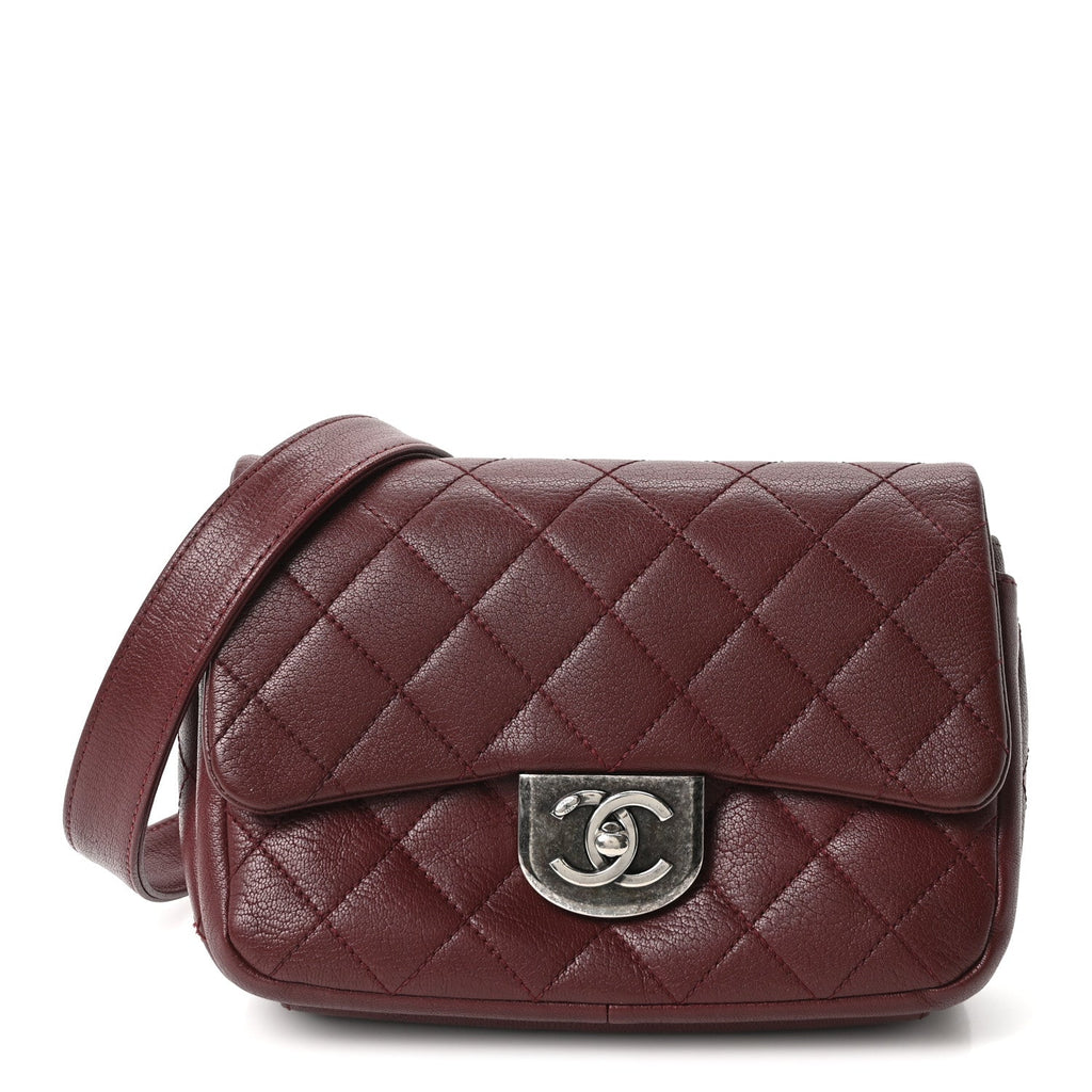 Chanel Shiny Goatskin Quilted Small Double Carry Waist Chain Flap Burgundy