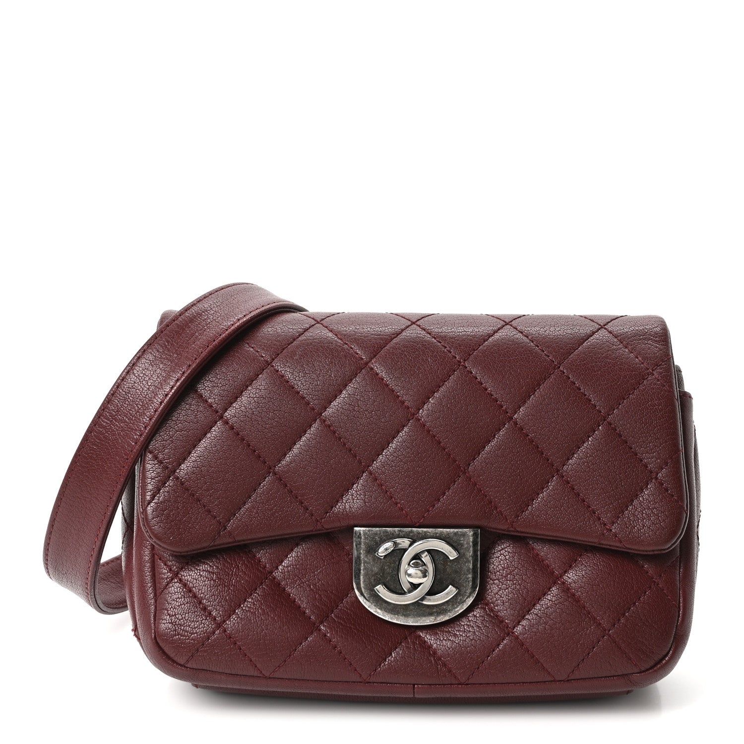 Chanel Shiny Goatskin Quilted Small Double Carry Waist Chain Flap Burgundy
