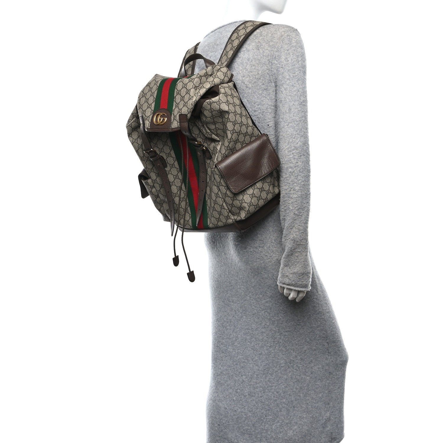 Gucci GG Supreme Monogram Medium Ophidia Double Buckle Backpack Brown