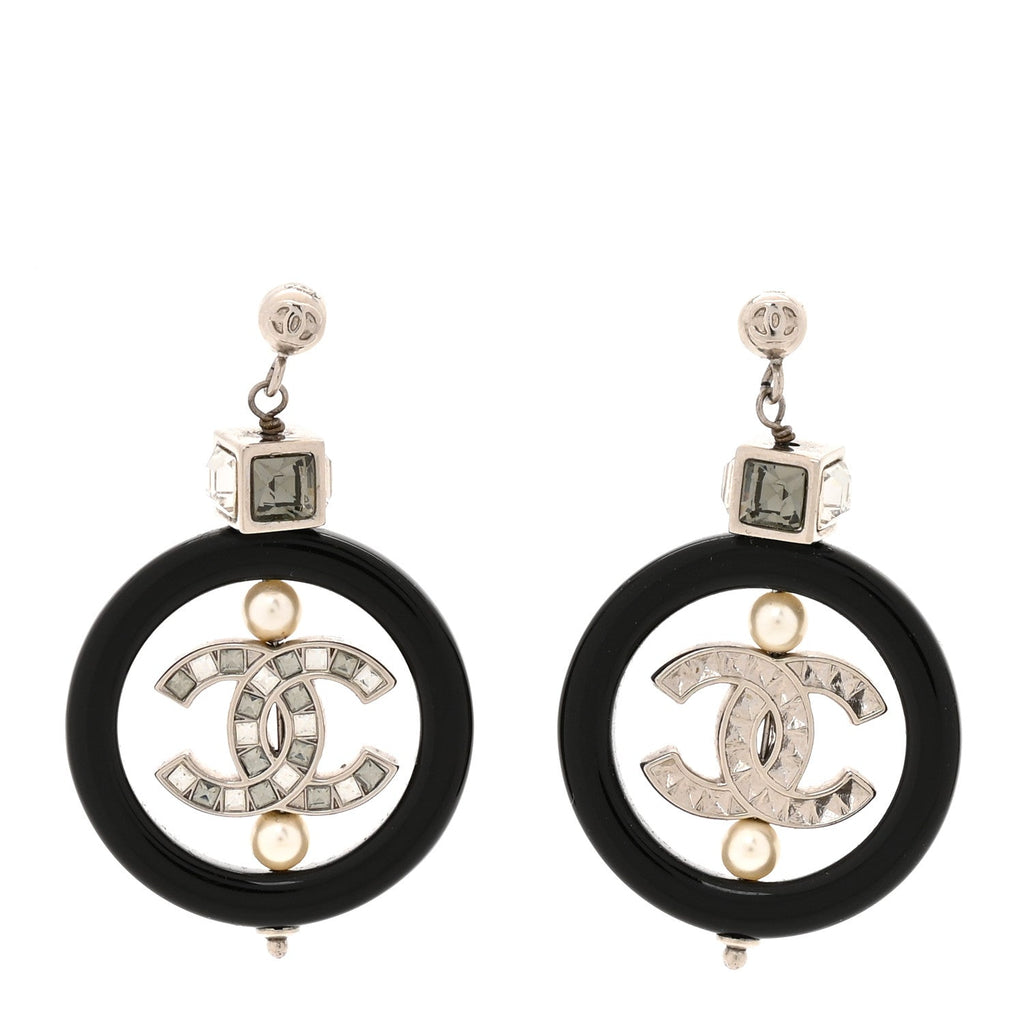 Metal Resin Crystal Pearl CC Drop Earrings Black Silver