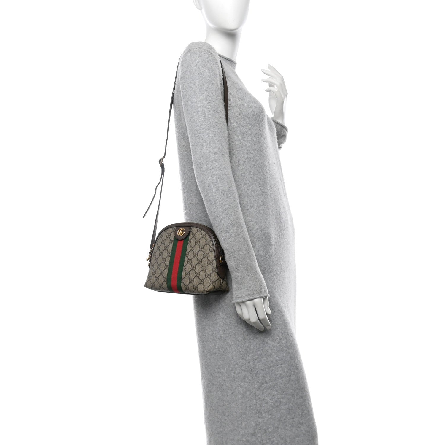 Gucci GG Supreme Monogram Textured Dollar Calfskin Web Small Ophidia Dome Shoulder Bag Beige Ebony New Acero