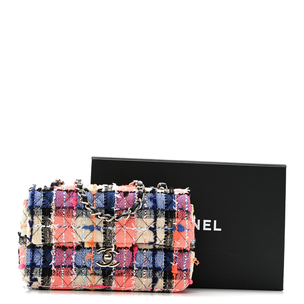 Chanel Tweed Quilted Mini Rectangular Flap Blue Orange Pink