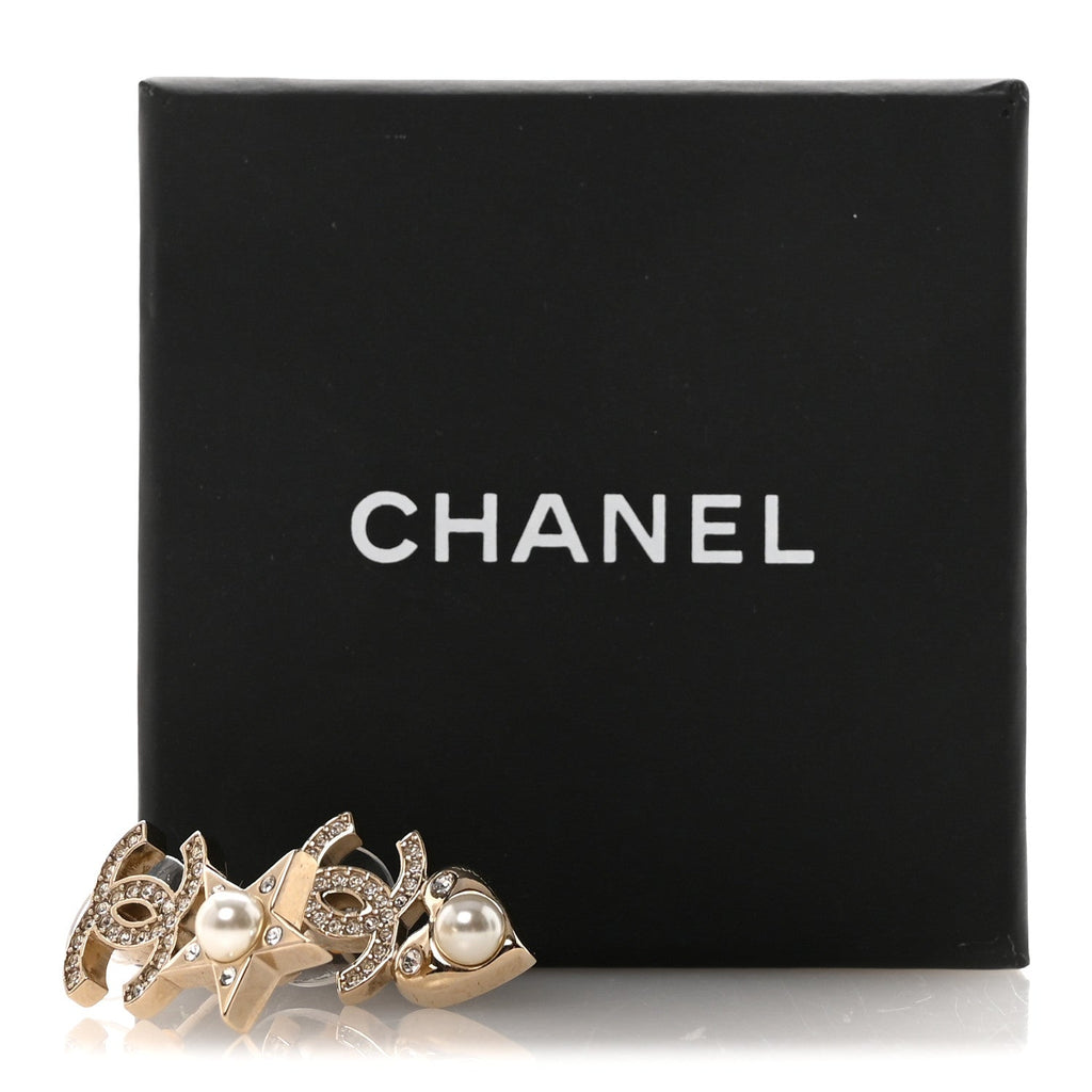 Crystal Pearl Charming Winter CC Star Heart Clip On Earrings Gold