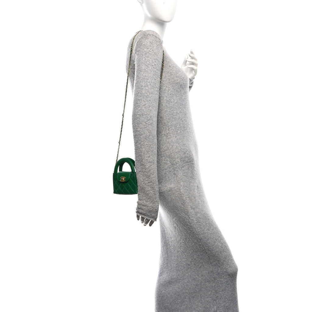 Chanel Shiny Aged Calfskin Quilted Mini Nano Kelly Shopper Green