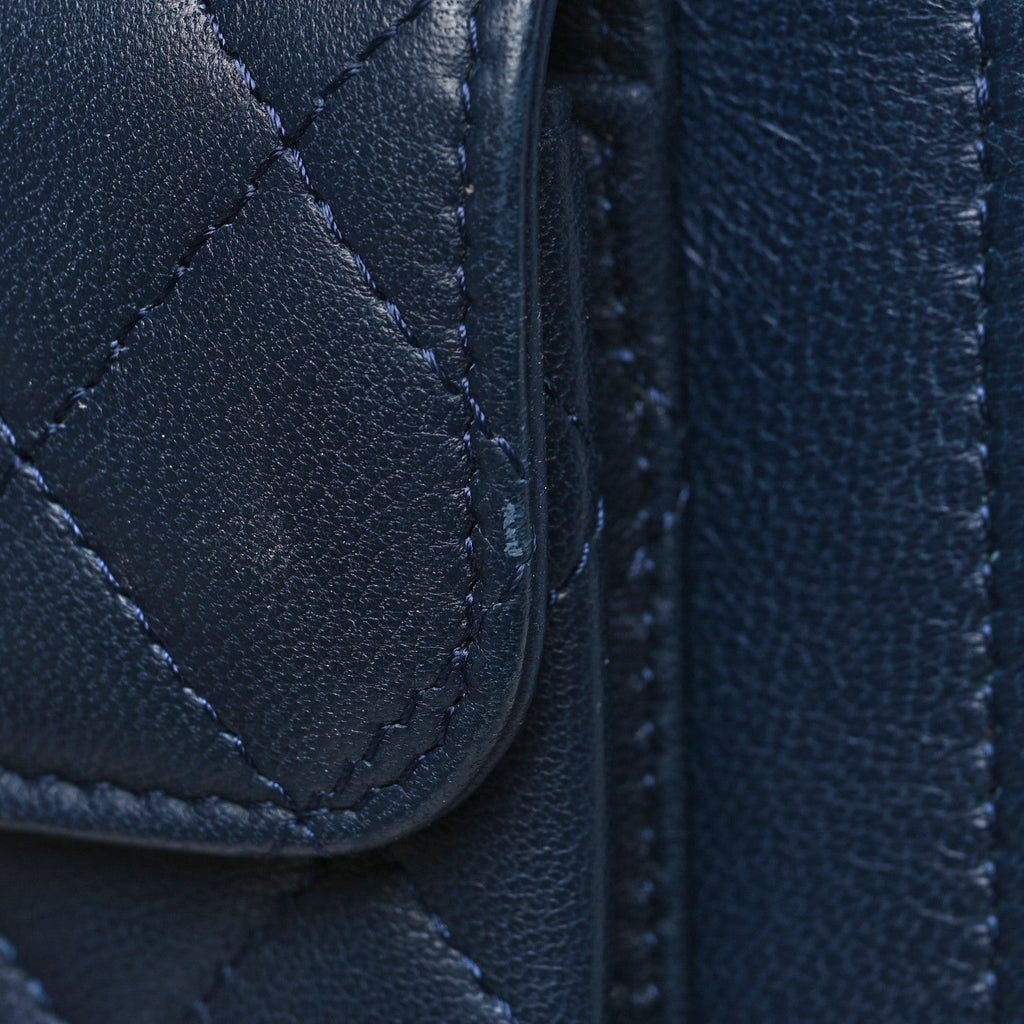 Chanel Lambskin Quilted Square Front Pocket Clutch With Chain Navy Blue