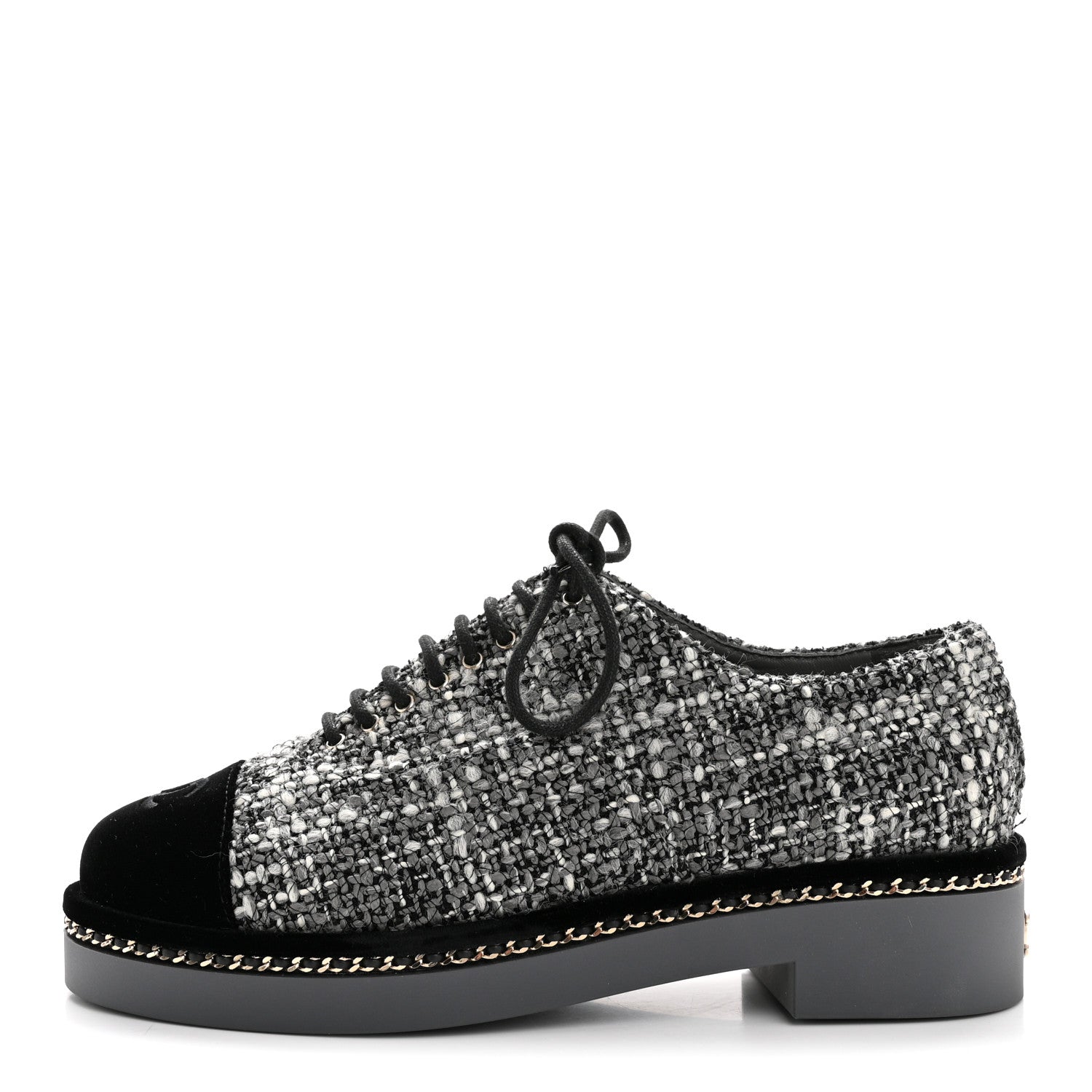 Chanel Tweed Suede CC Lace Up Oxfords 38.5 Grey Black