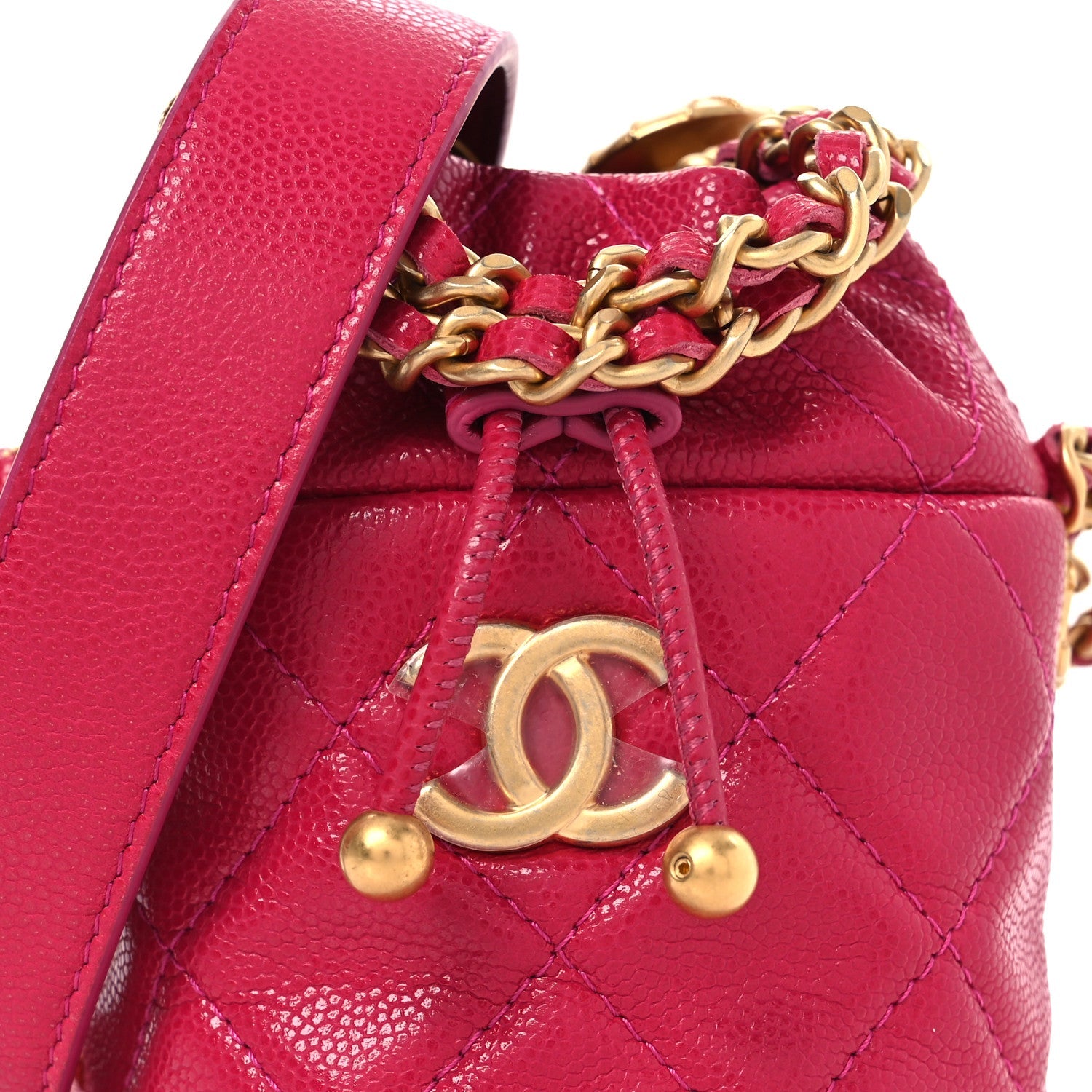 Chanel Caviar Quilted Twist Your Buttons Mini Bucket Bag Fuchsia