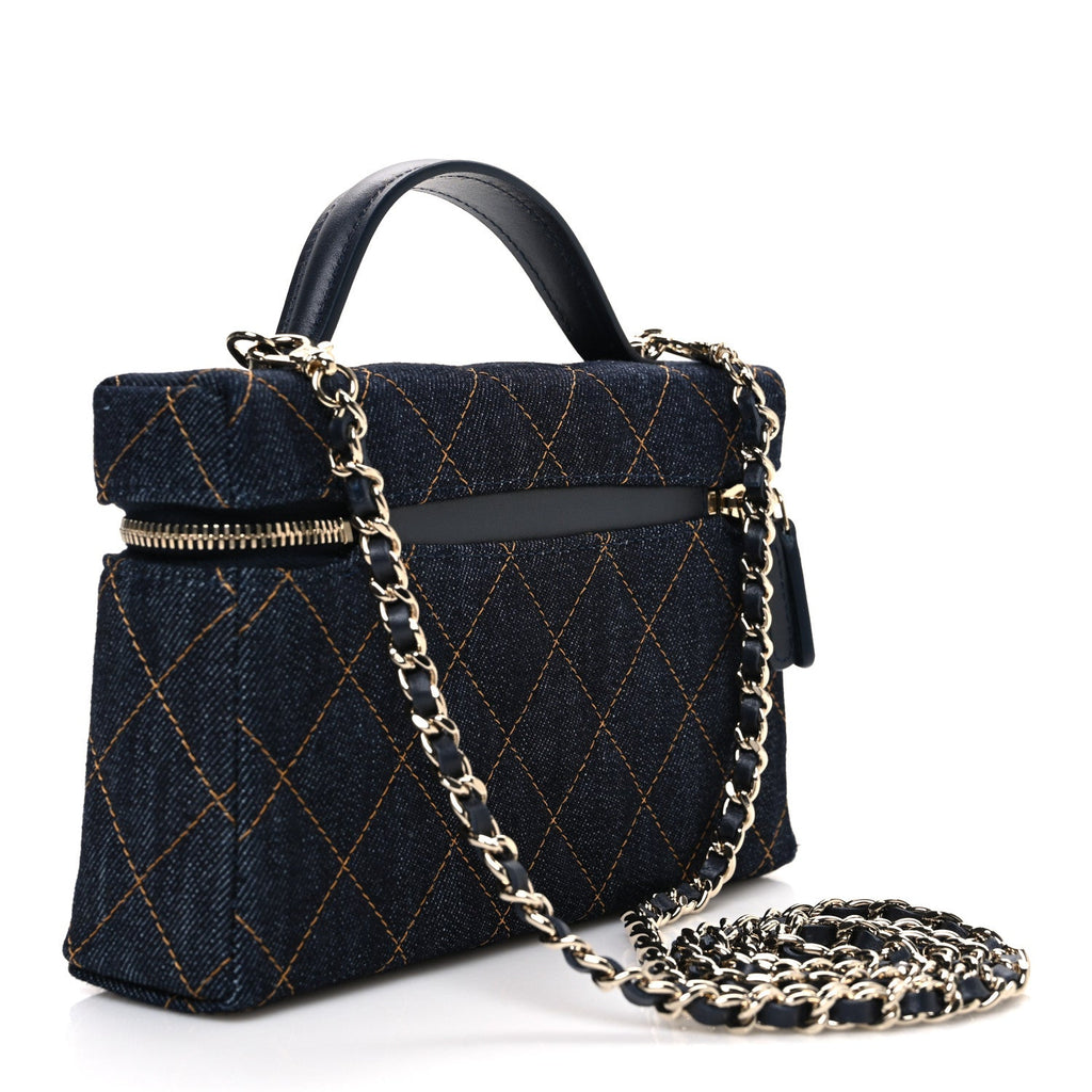 Chanel Denim Quilted Top Handle Slim Vanity Case With Chain Dark Blue Orange