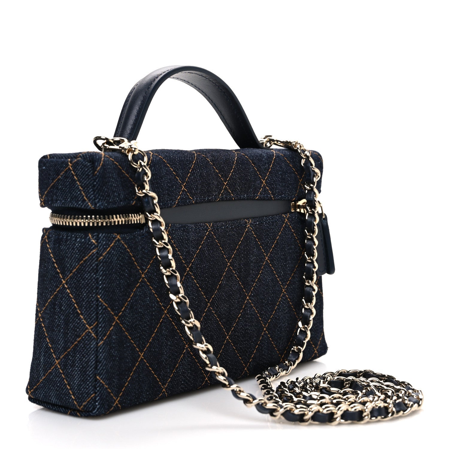 Chanel Denim Quilted Top Handle Slim Vanity Case With Chain Dark Blue Orange