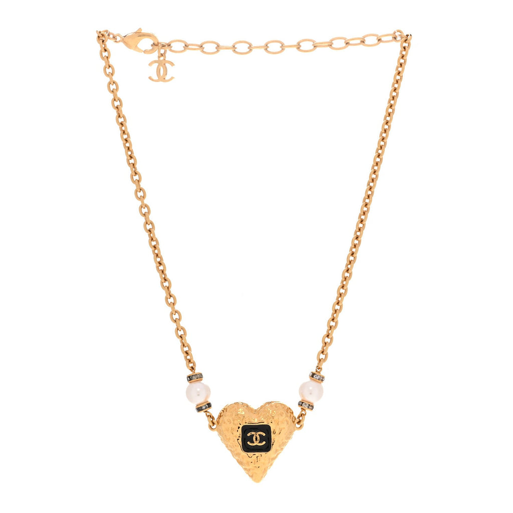 Resin Crystal Pearl Chain Heart CC Pendant Choker Necklace Black White Gold