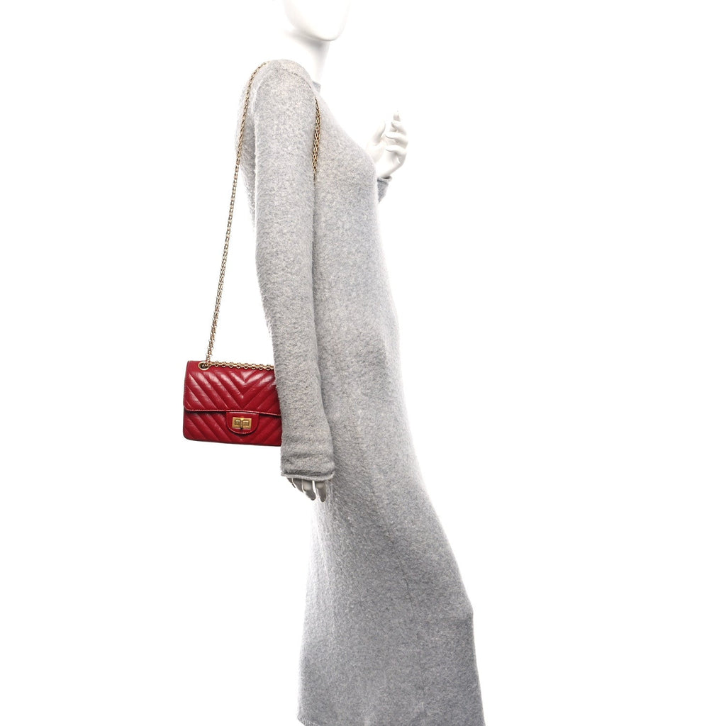 Chanel Aged Calfskin Chevron Quilted 2.55 Reissue Mini Flap Dark Red