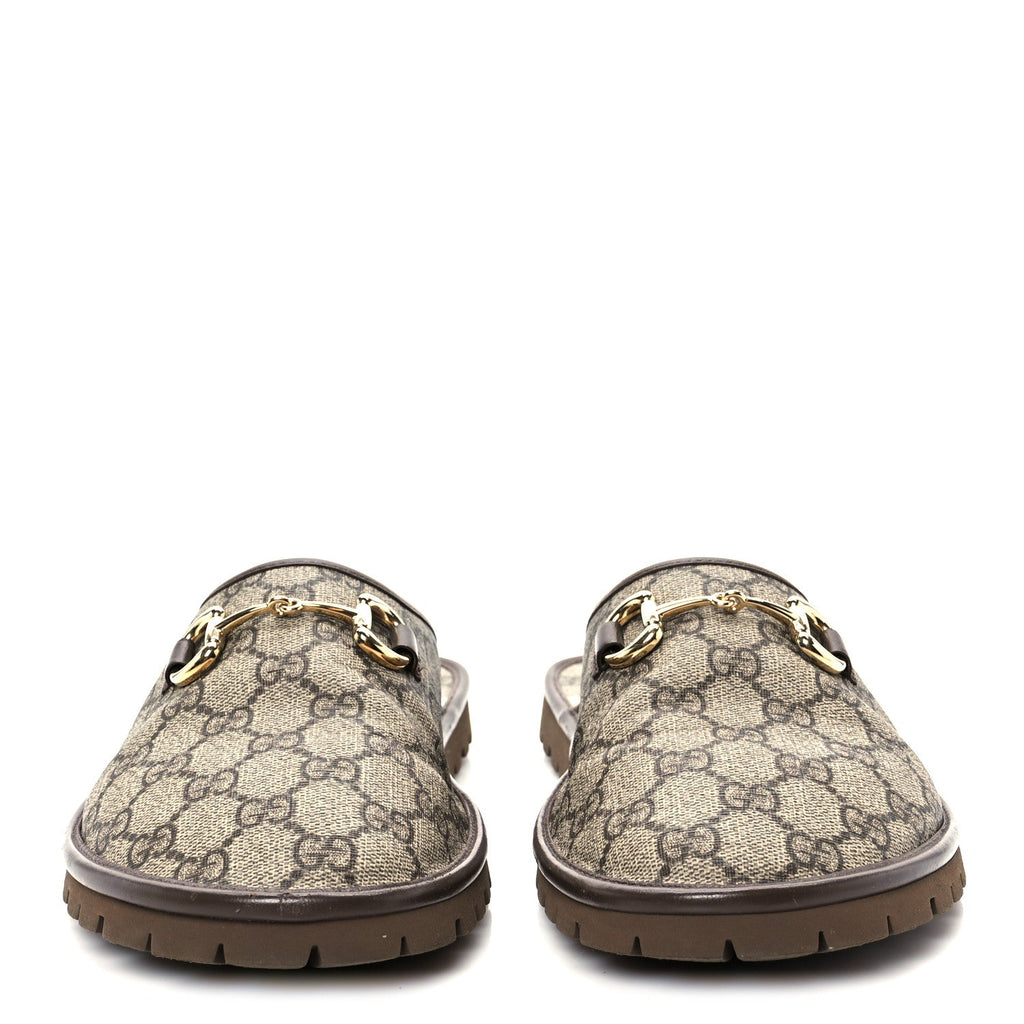 Gucci GG Supreme Monogram Miro Soft Calfskin Men's Horsebit Slippers 10 Beige Ebony New Acero