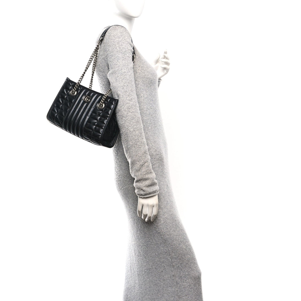 Gucci Calfskin Matelasse Aria Small GG Marmont Shoulder Tote Black
