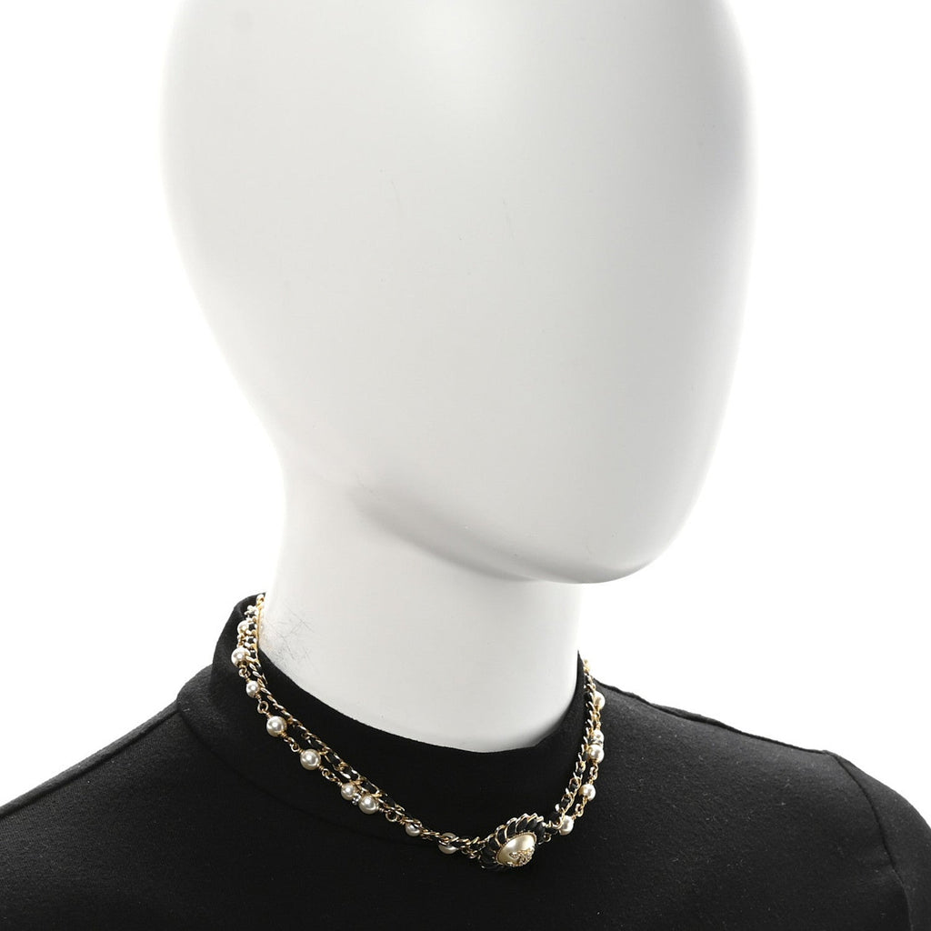 Lambskin Pearl Crystal CC Short Double Strand Necklace Gold White Black