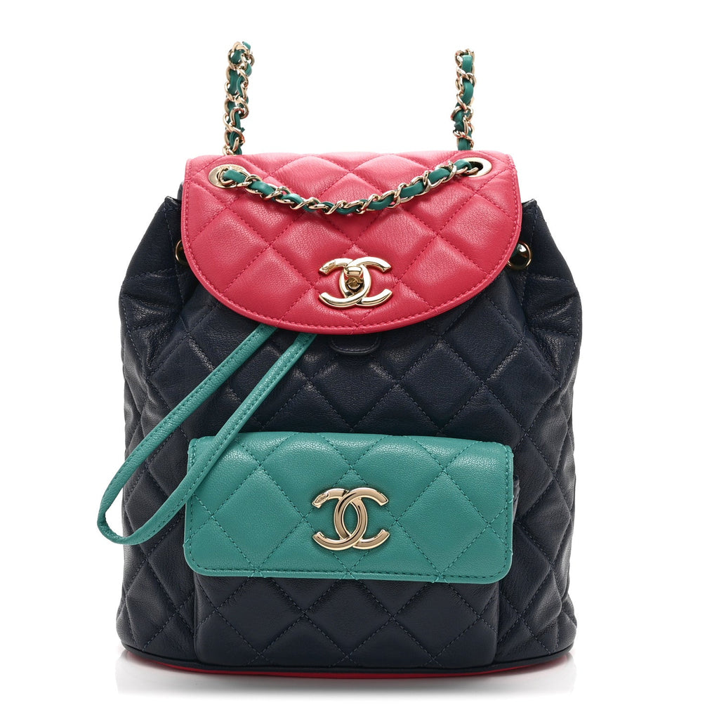 Chanel Goatskin Quilted Duma Drawstring Backpack Navy Turquoise Pink