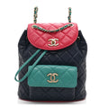 Chanel Goatskin Quilted Duma Drawstring Backpack Navy Turquoise Pink