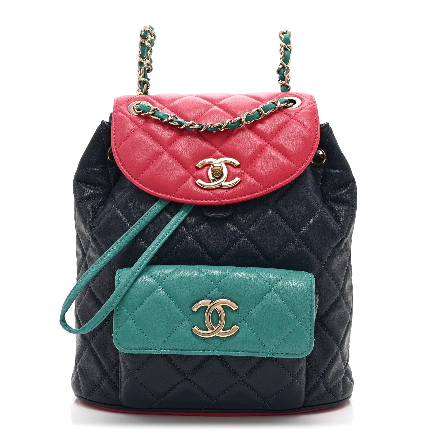 Chanel Goatskin Quilted Duma Drawstring Backpack Navy Turquoise Pink