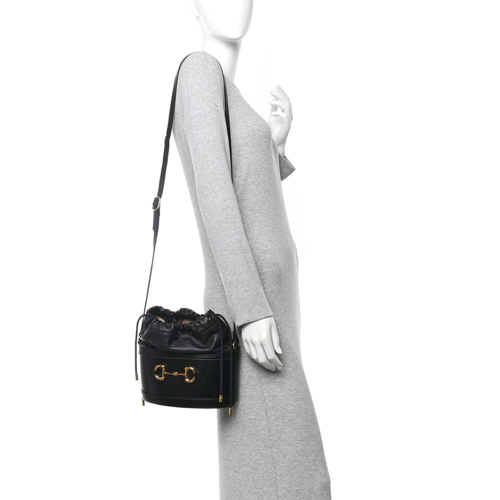 Gucci Azalea Sakai Calfskin Horsebit 1955 Drawstring Bucket Bag Black