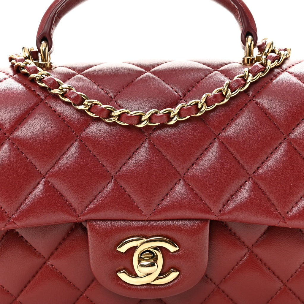 Chanel Lambskin Quilted Mini Top Handle Rectangular Flap Burgundy