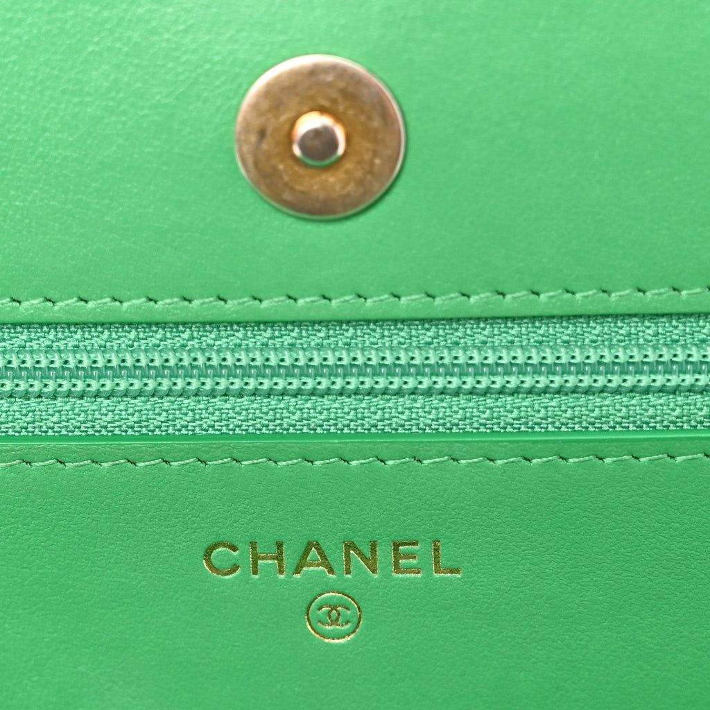 Chanel Shiny Goatskin Quilted Chanel 19 Wallet On Chain WOC Green