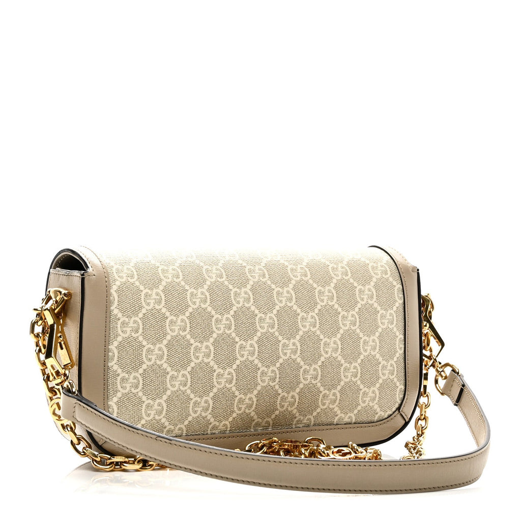Gucci GG Supreme Monogram Small Horsebit 1955 Chain Shoulder Bag Beige Mystic White
