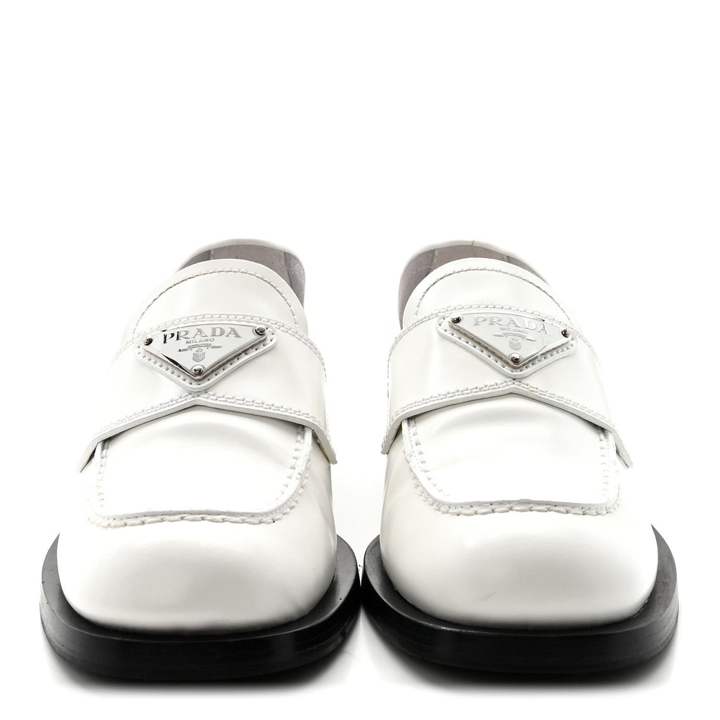 Prada Spazzolato Metal Triangle Logo 20mm Loafers 39 White