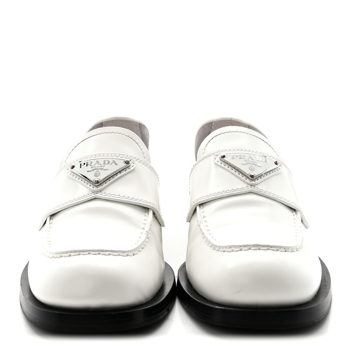 Prada Spazzolato Metal Triangle Logo 20mm Loafers 39 White