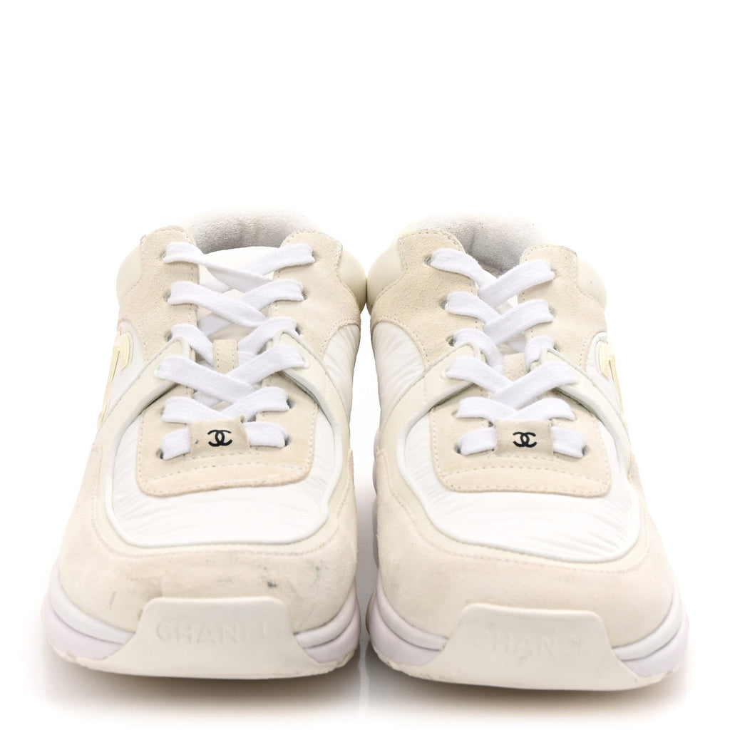 Chanel Suede Calfskin Fabric CC Sneakers 38 White