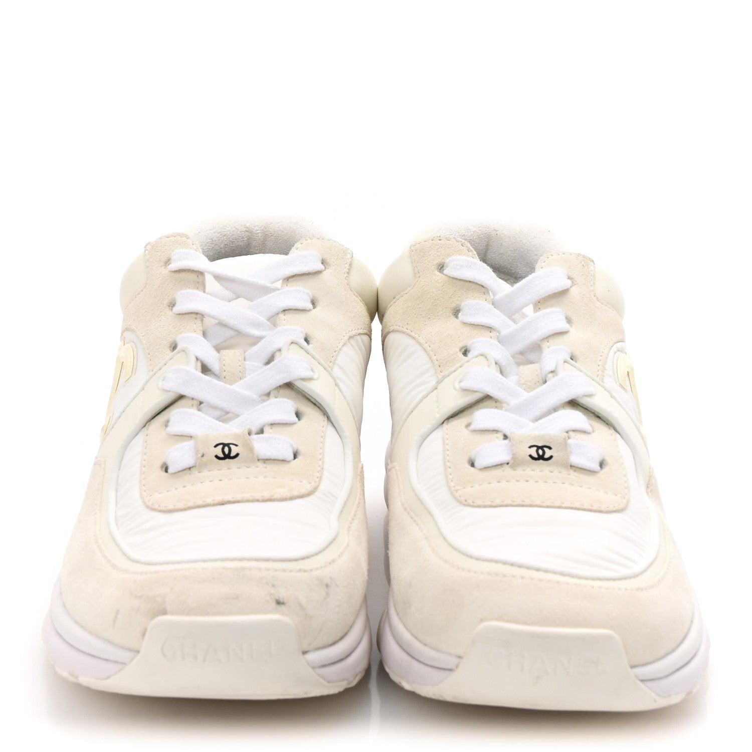 Chanel Suede Calfskin Fabric CC Sneakers 38 White