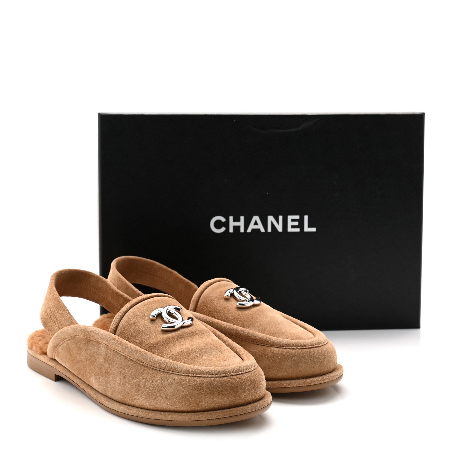 Chanel Suede Calfskin CC Slingback Loafers 36 Dark Beige