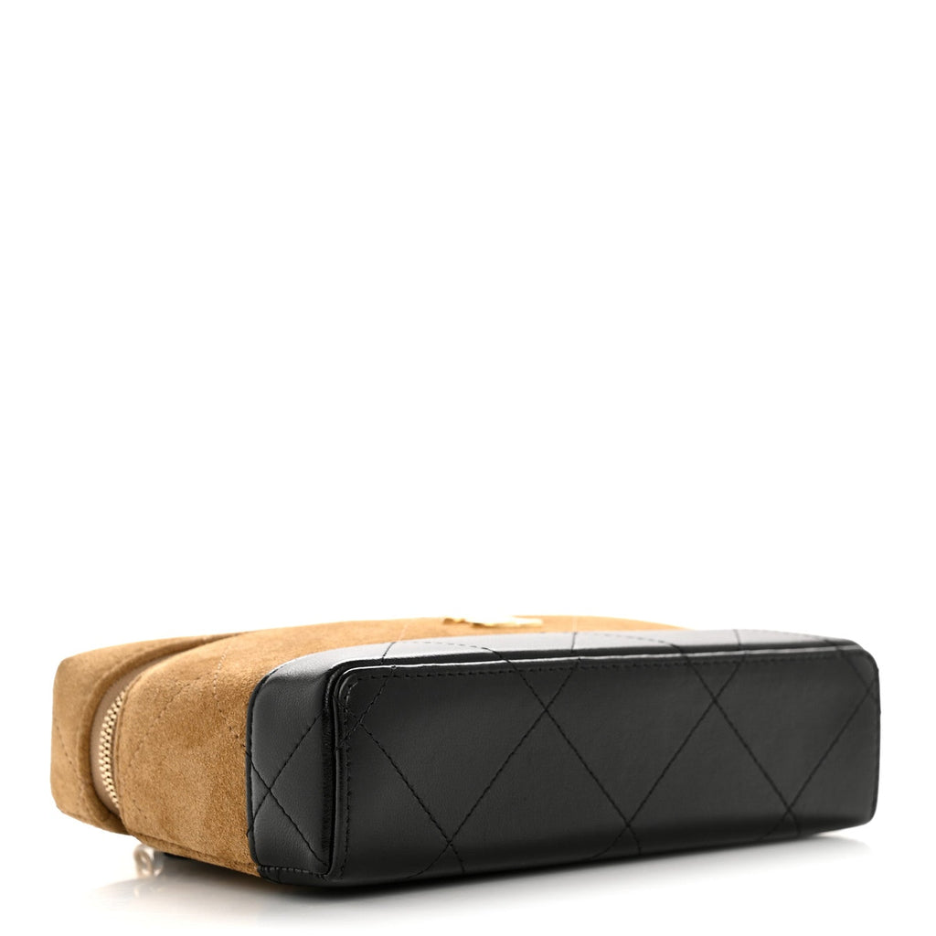 Chanel Suede Calfskin Shiny Lambskin Quilted Top Handle Slim Vanity Case With Chain Beige Black