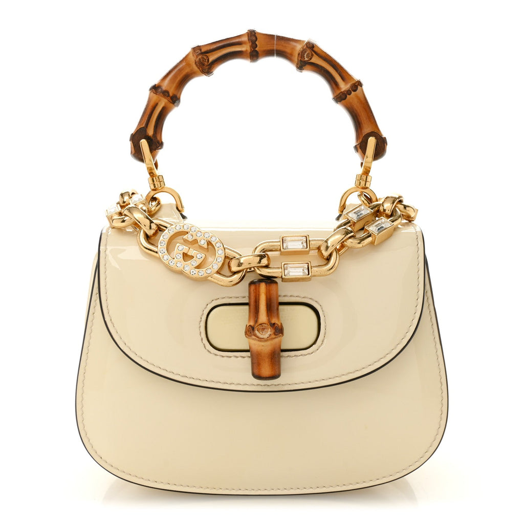 Gucci Patent Crystal Mini Bamboo 1947 Top Handle Chain Bag White