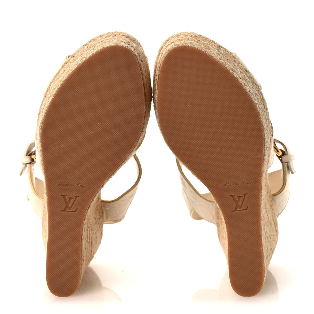 Louis Vuitton Calfskin Monogram Embossed Espadrille Wedge Sandals 36 White