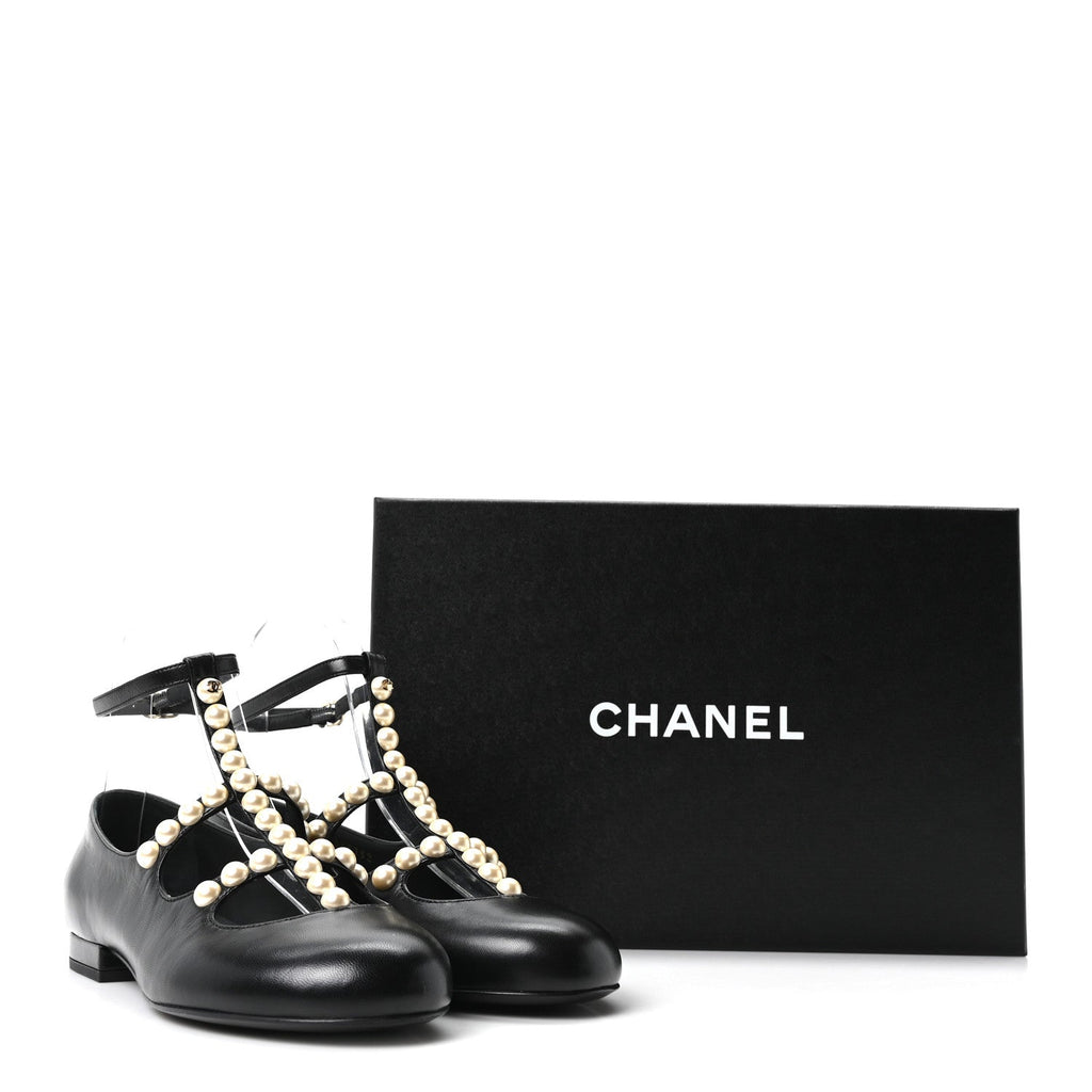 Goatskin Pearl Mary Janes Flats 35 Black