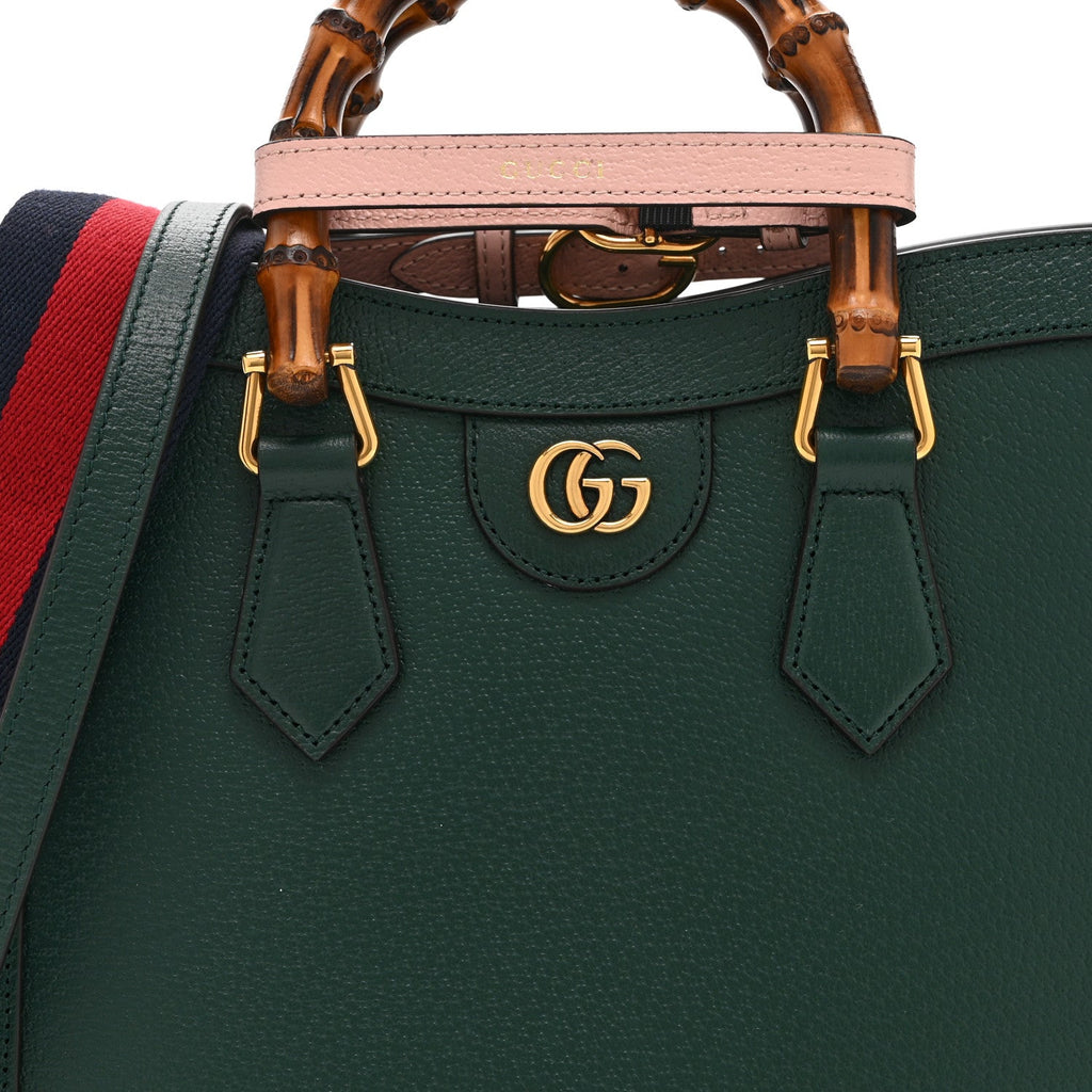 Gucci Textured Dollar Calfskin Web Small Diana Tote Bag Vintage Green Powder Pink