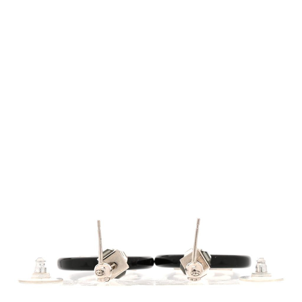 Metal Resin Crystal Pearl CC Drop Earrings Black Silver