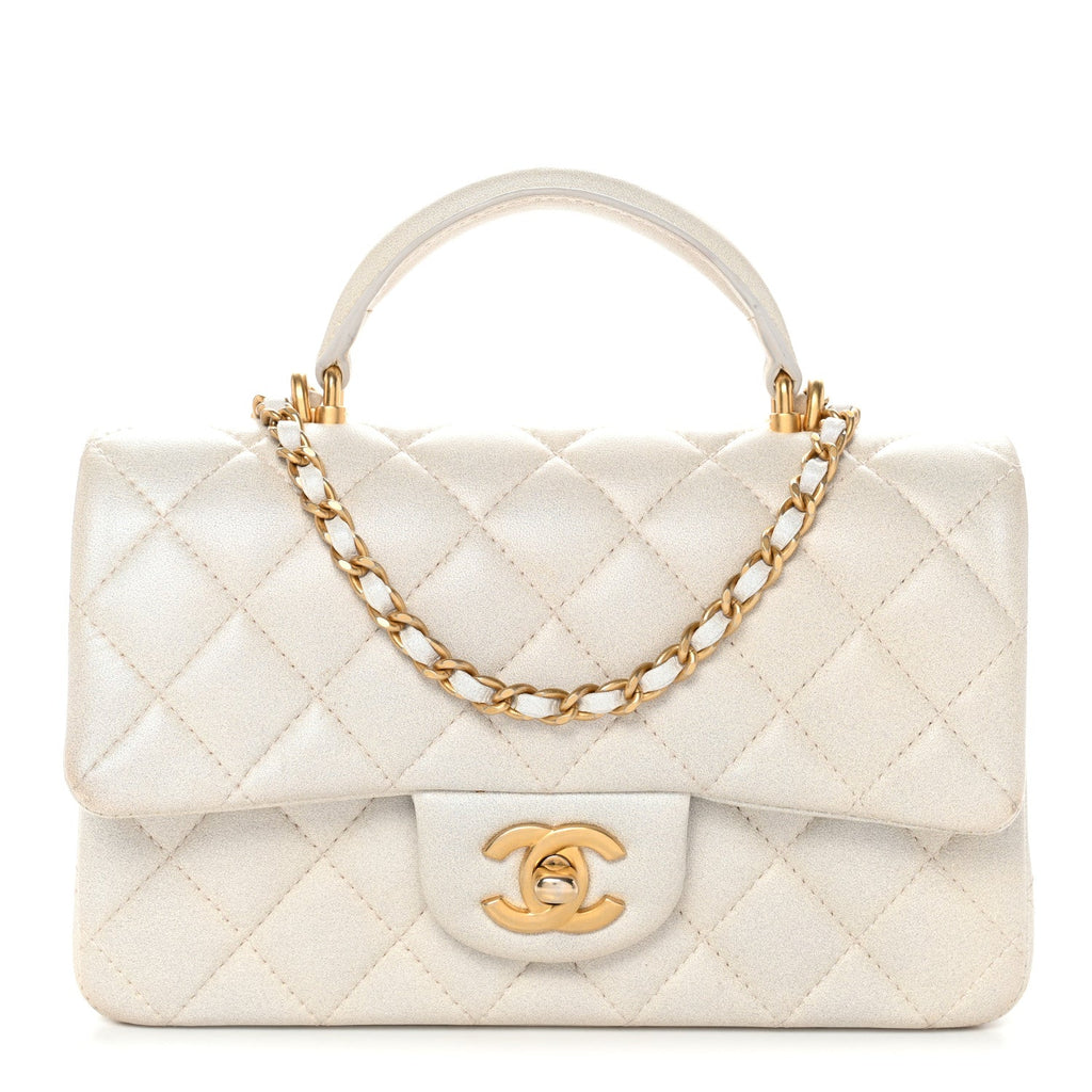 Chanel Iridescent Lambskin Quilted Mini Top Handle Rectangular Flap White