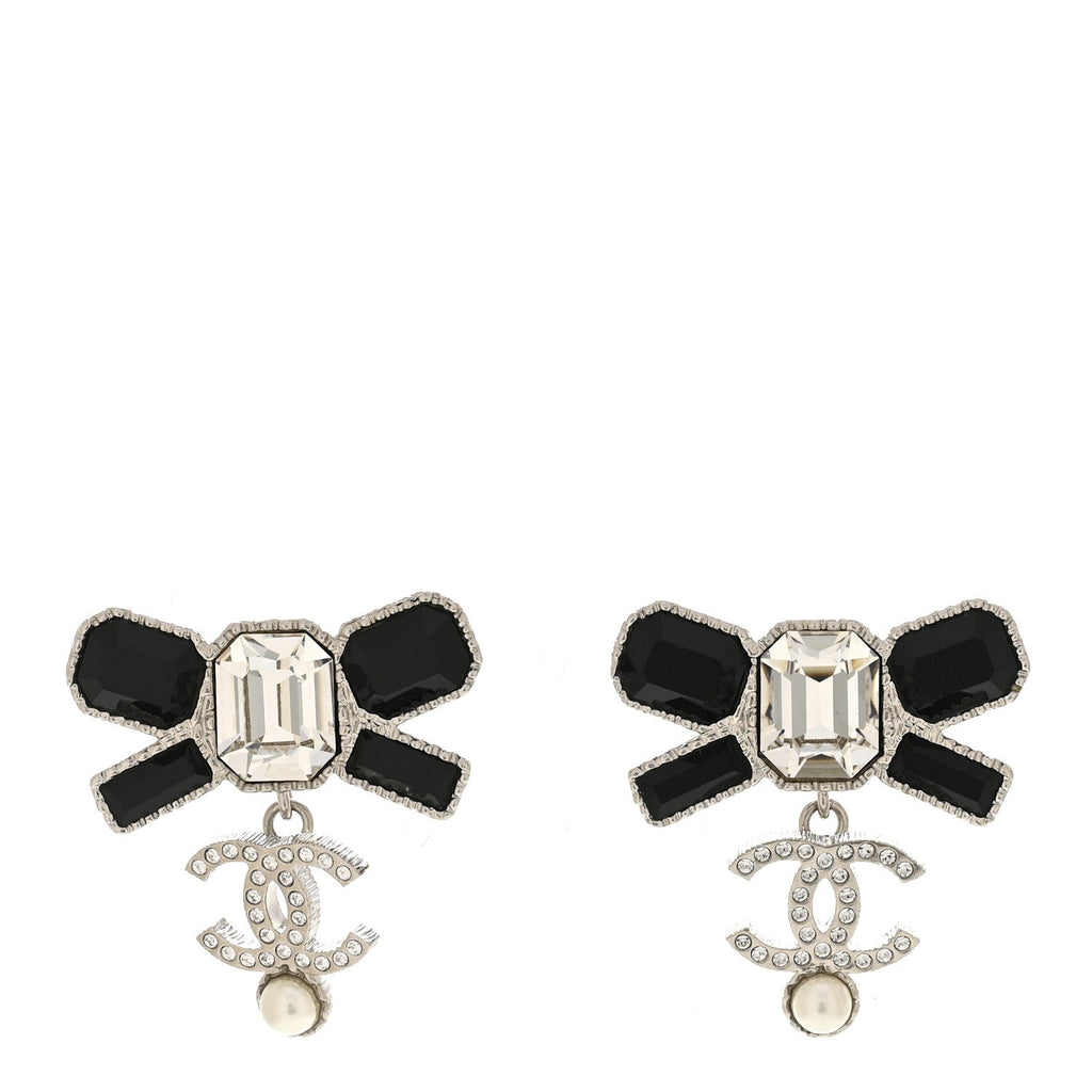 Crystal CC Bow Drop Earrings Silver Black