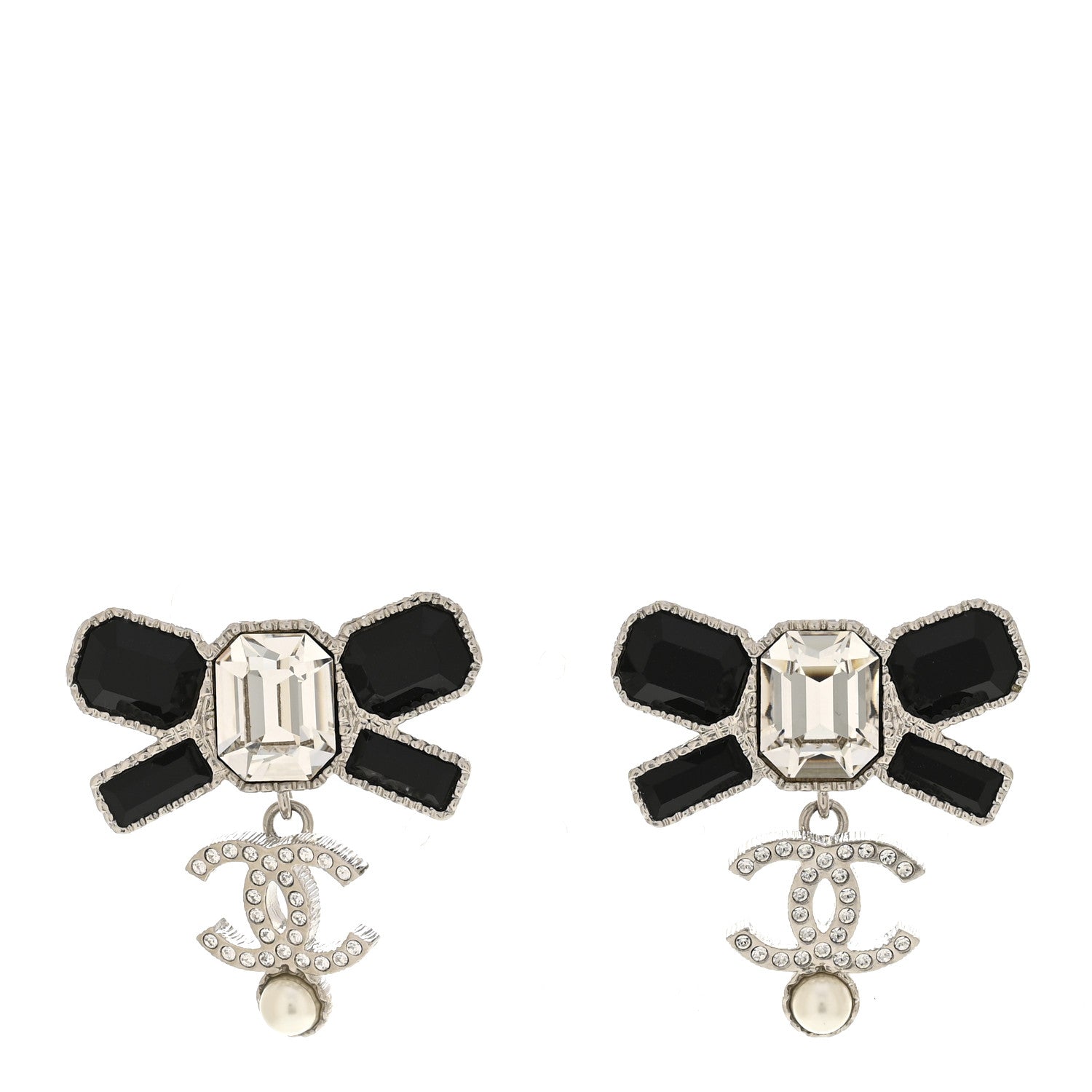 Crystal CC Bow Drop Earrings Silver Black