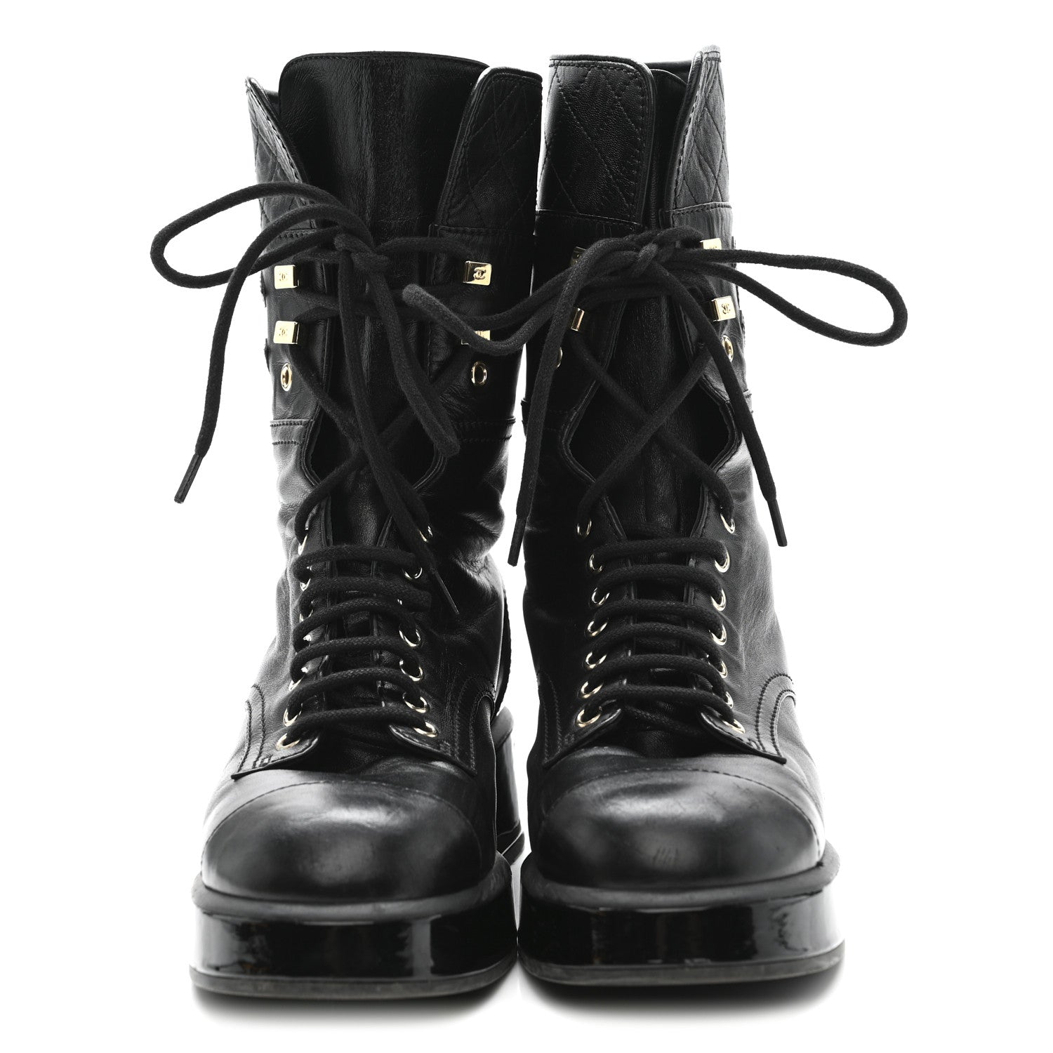 Lambskin Patent Calfskin Quilted CC Lace Up Combat Boots 37 Black