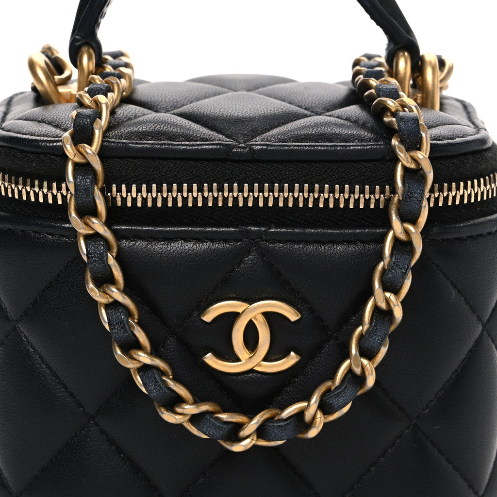Chanel Lambskin Quilted Metal Mini Top Handle Vanity Case With Chain Black