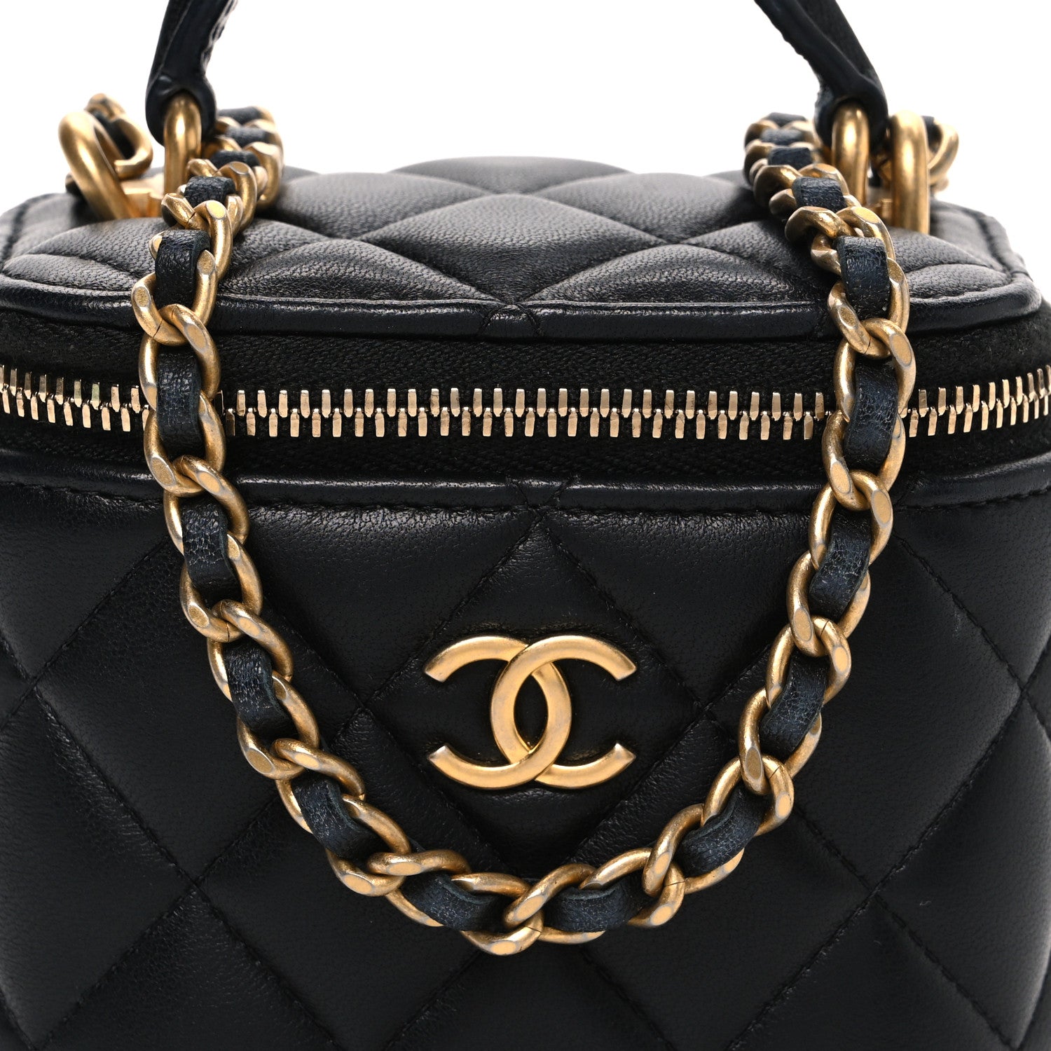 Chanel Lambskin Quilted Metal Mini Top Handle Vanity Case With Chain Black