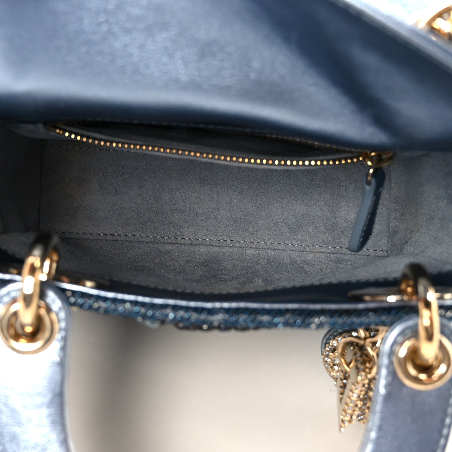 Christian Dior Metallic Calfskin Satin Celestial Bead Embroidery Cannage Mini Lady Dior Blue