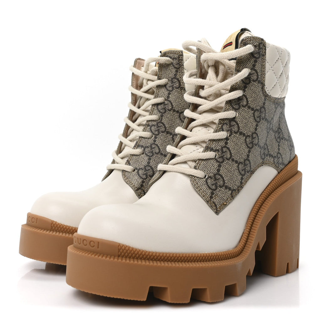Gucci Calfskin GG Supreme Monogram Nappa Quilted Lace Up Ankle Boots 35 Mystic White Beige