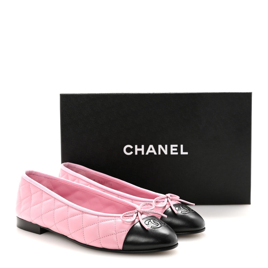 Lambskin Quilted CC Cap Toe Ballerina Flats 37.5 Pink Black