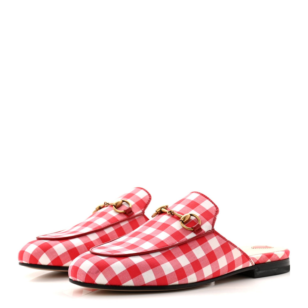 Gucci Cotton Gingham Womens Princetown Slippers 36 White Red