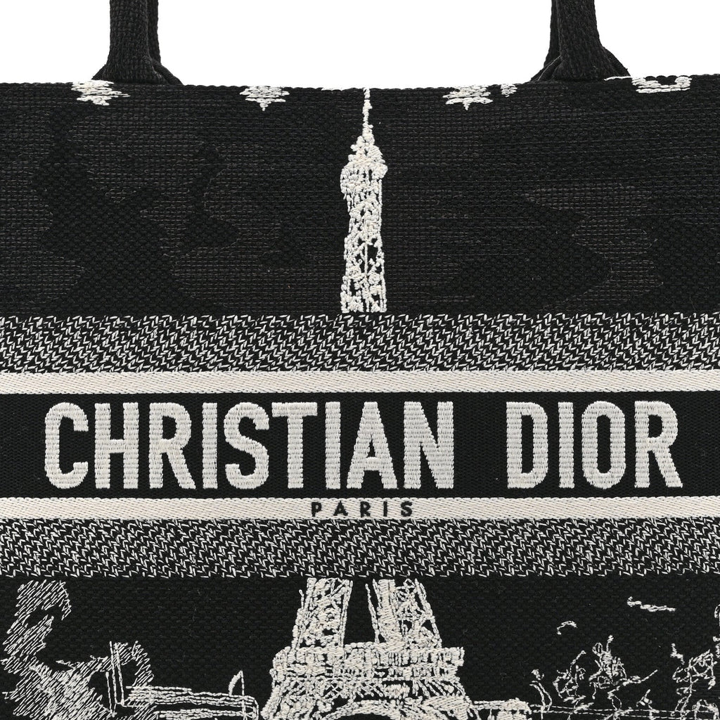 Christian Dior Canvas Embroidered Medium Paris Book Tote Black White