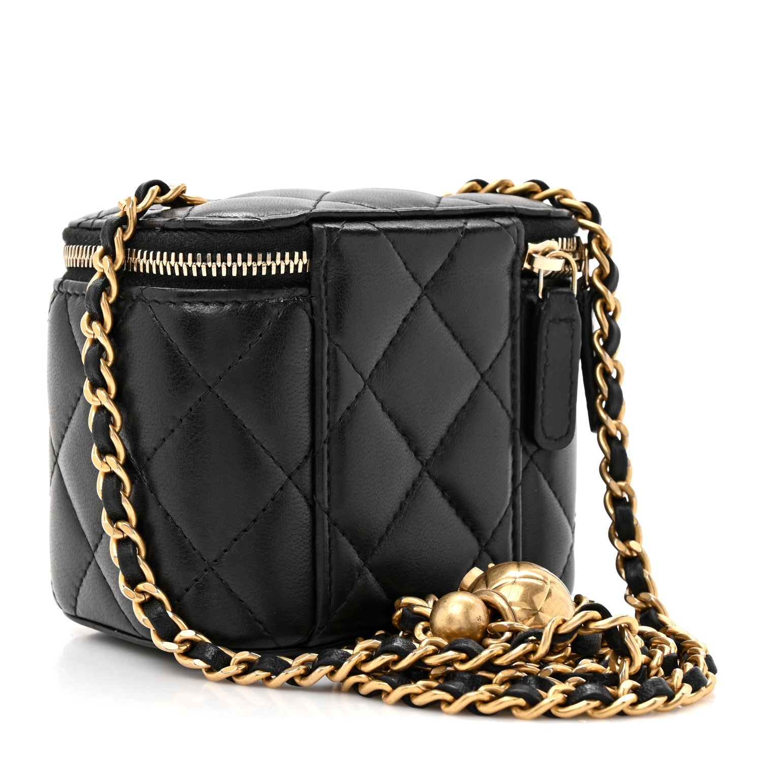 Chanel Lambskin Quilted Mini Pearl Crush Vanity Case With Chain Black